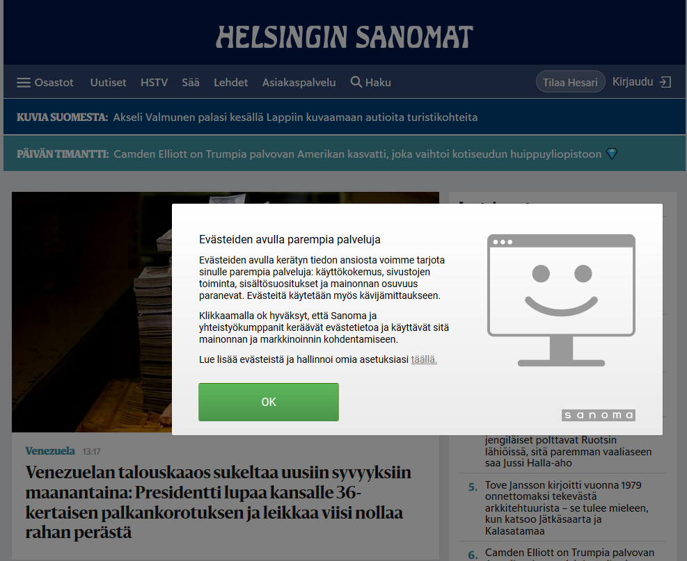 Helsingin Sanomien evästeilmoitus